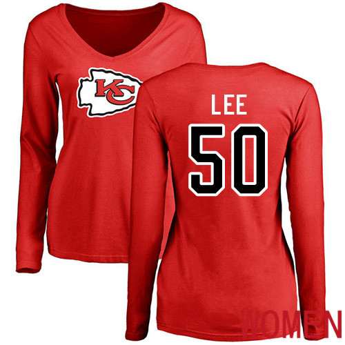 Women Kansas City Chiefs #50 Lee Darron Red Name and Number Logo Slim Fit Long Sleeve NFL T Shirt